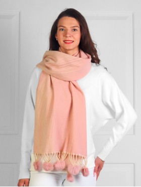 Cashmere Feeling Feather Scarf with Pom-Poms